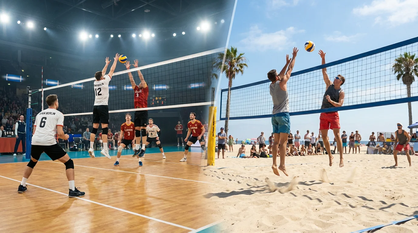Hallenvolleyball-Spiel neben einer Beachvolleyball-Szene am Strand mit unterschiedlichen Spielbedingungen