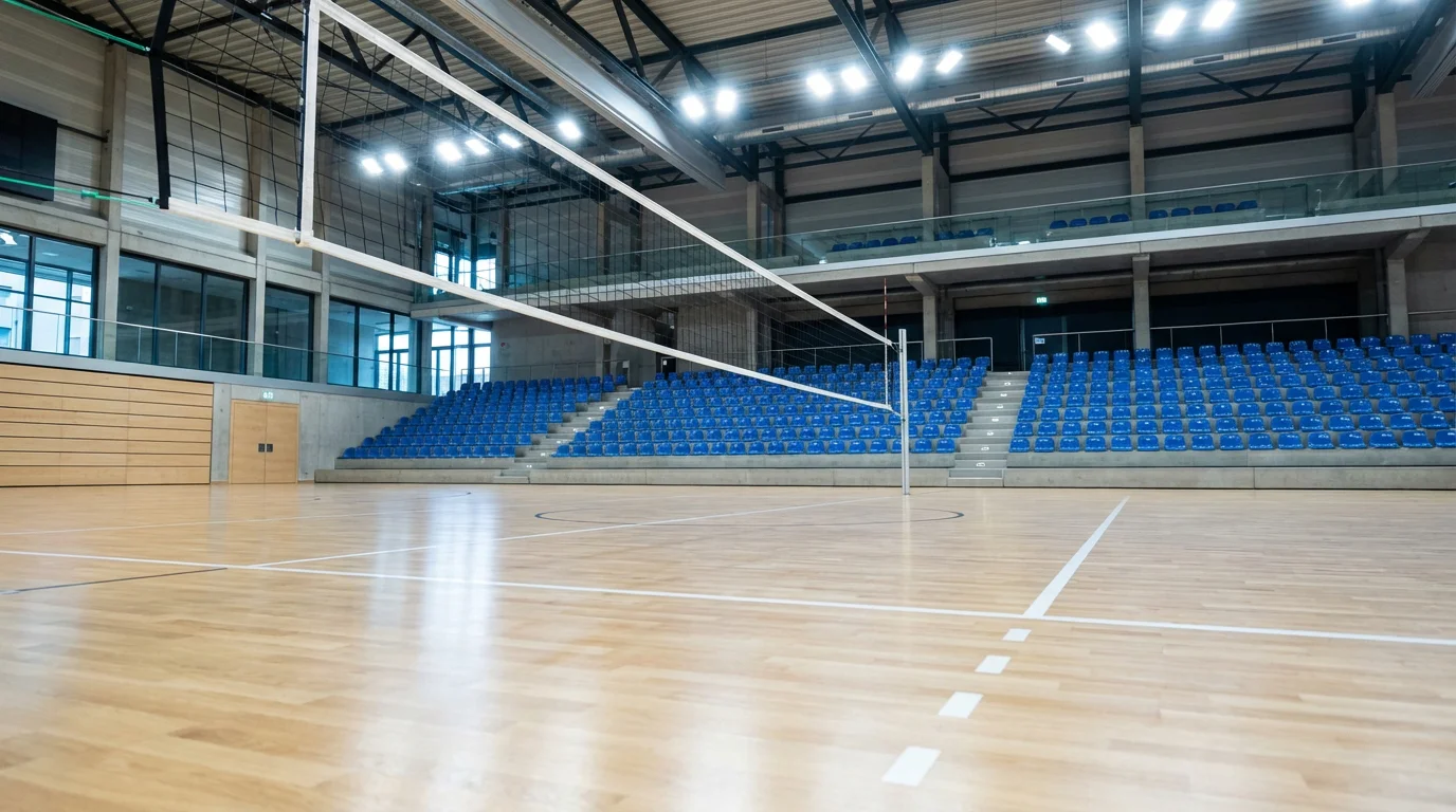 Volleyball-Hallenboden mit Spielfeldlinien und Netz in einer deutschen Sporthalle
