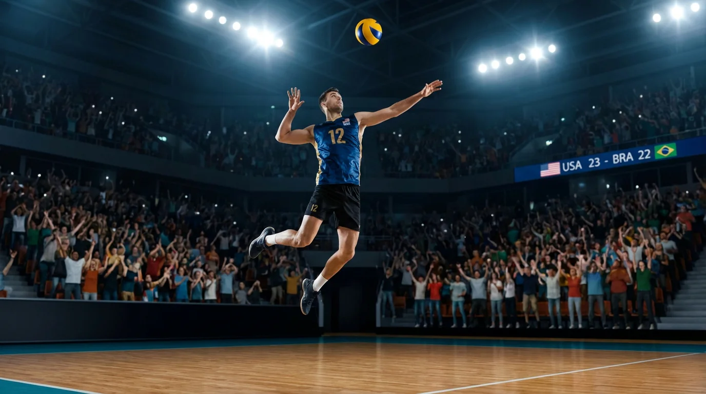 Volleyball-Spieler beim Aufschlag in einer vollen Sporthalle während eines Entscheidungssatzes
