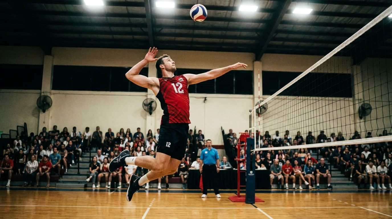 Volleyball-Spieler beim Sprungaufschlag in einer Wettkampf-Halle