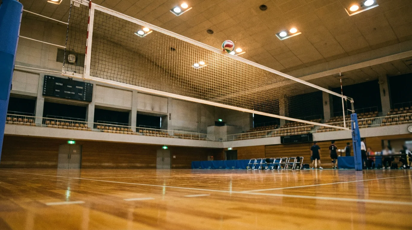 Volleyball-Netz und Spielball in einer beleuchteten Sporthalle