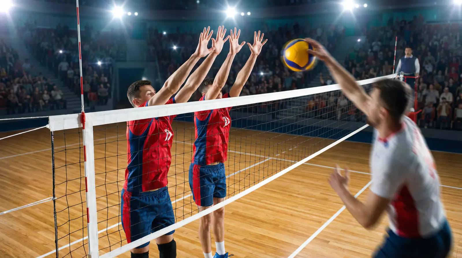 Volleyball-Blockaktion am Netz während eines Bundesliga-Spiels