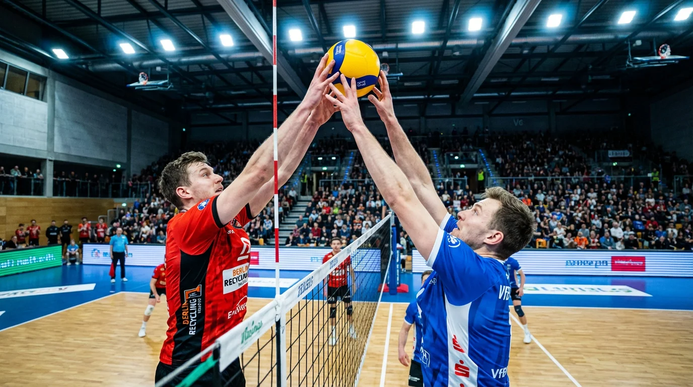 Volleyball-Bundesliga-Spiel mit Spielern am Netz in einer deutschen Sporthalle