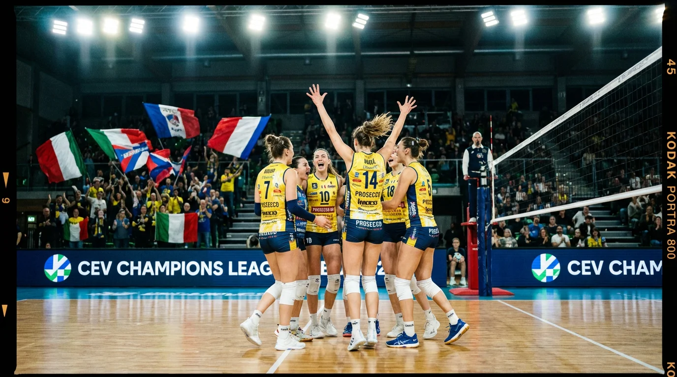 Volleyballteam feiert einen Punktgewinn in einer europäischen Vereinshalle mit Fans