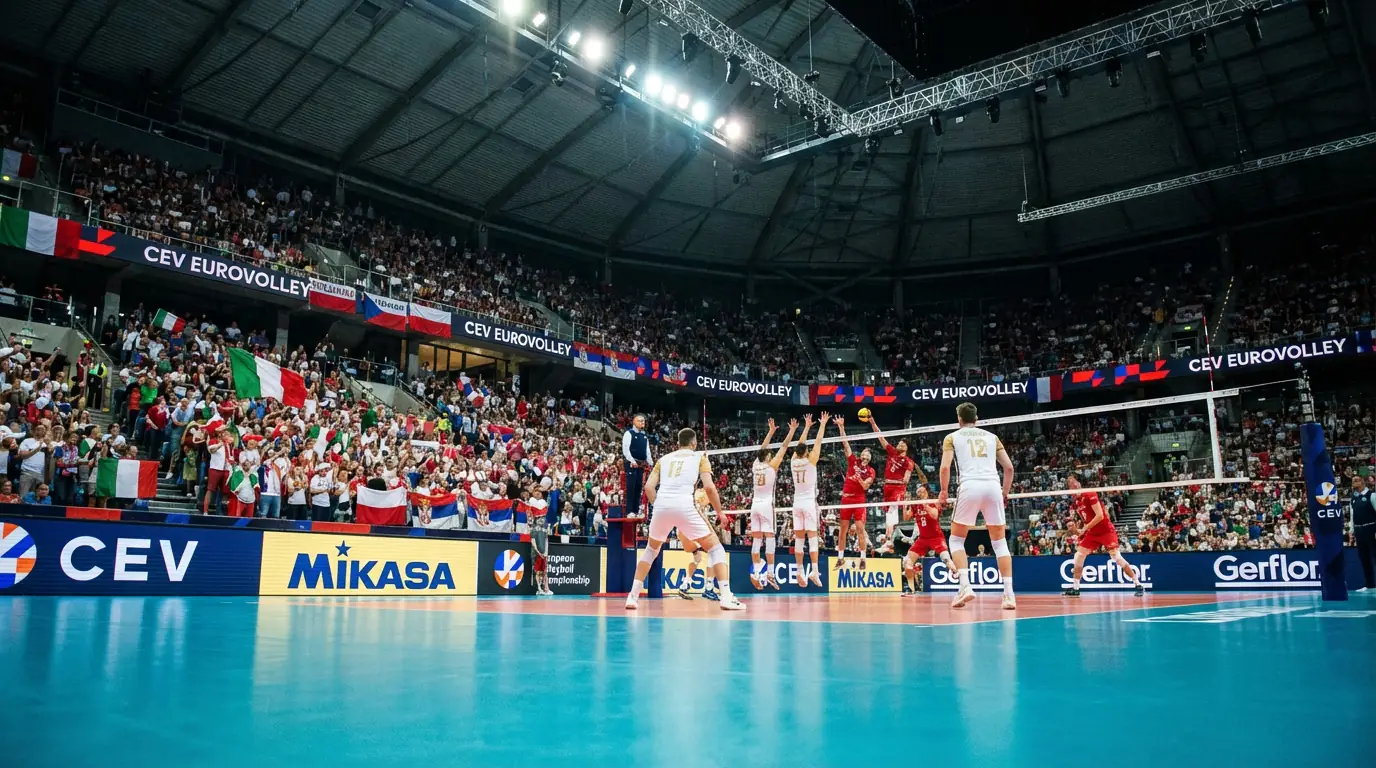 Volleyball-Europameisterschaft mit jubelnden Fans und Spielern in einer europäischen Halle