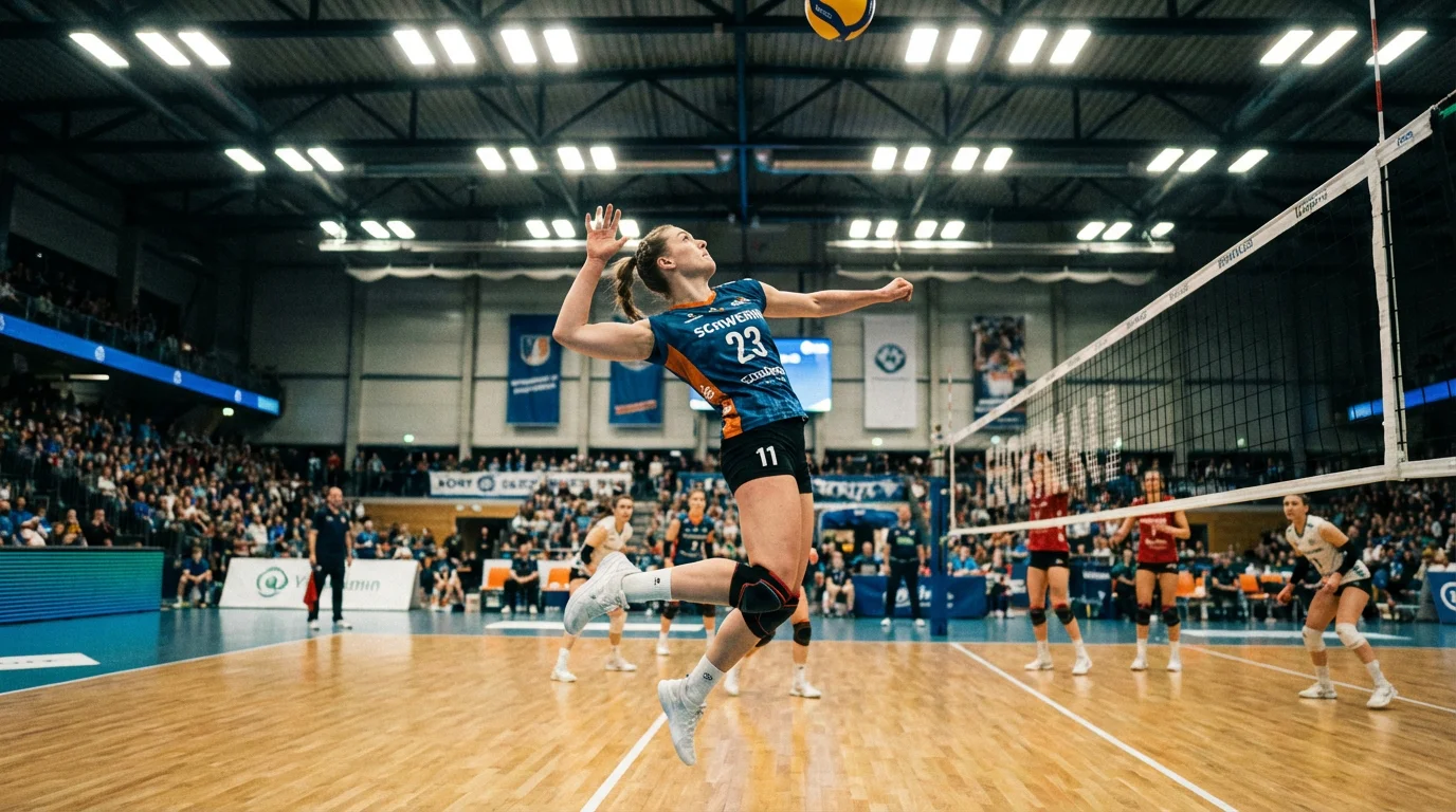Volleyball-Spielerin am Netz während eines Damen-Bundesliga-Spiels