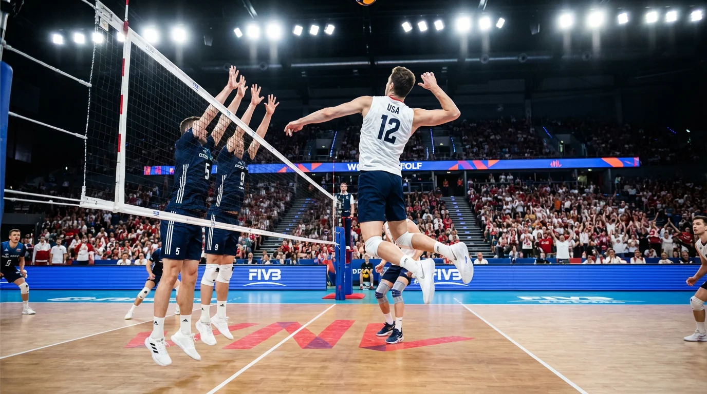 Volleyballspieler am Netz beim Angriff in einer Sporthalle mit Zuschauern