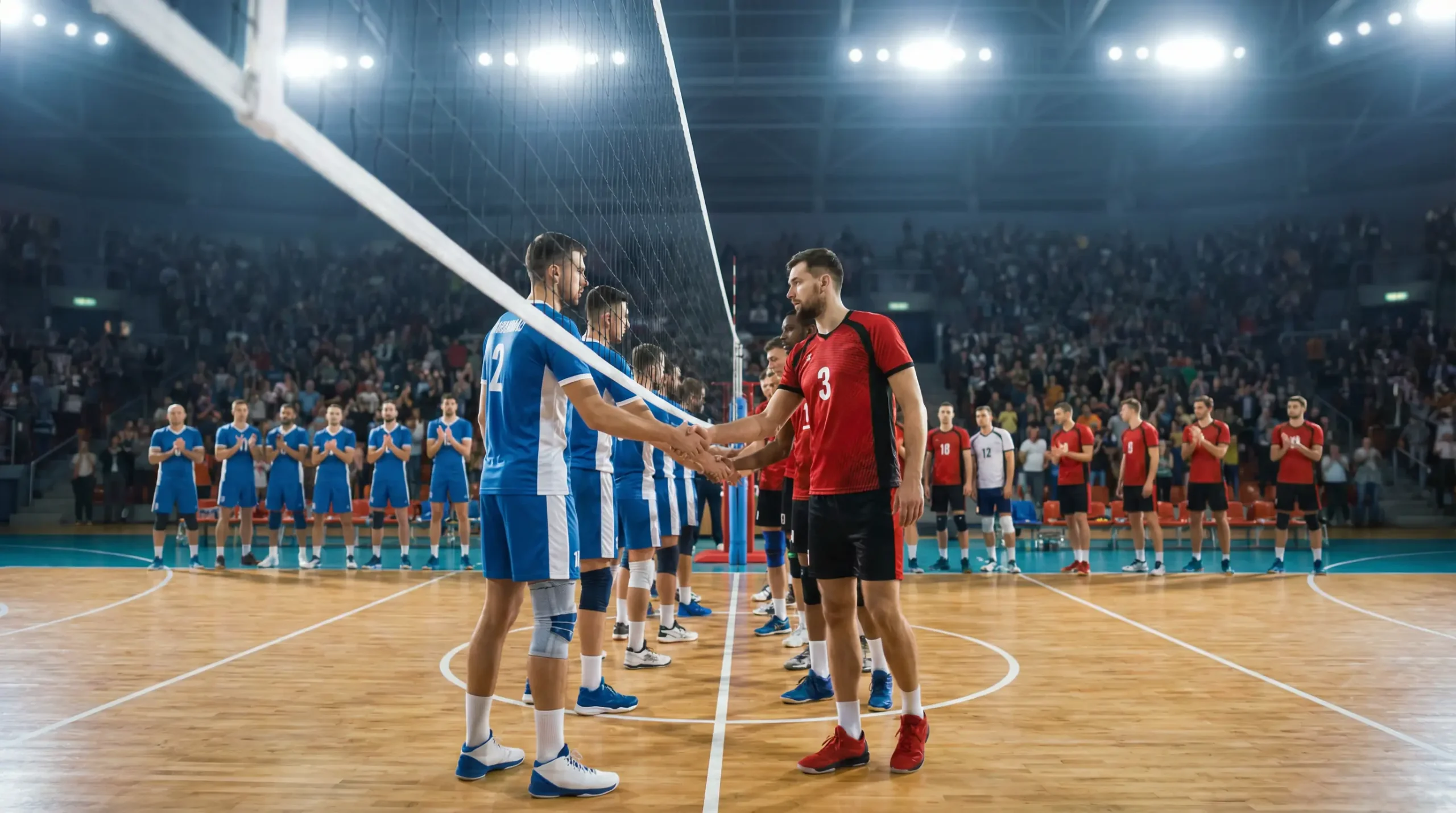 Zwei Volleyball-Mannschaften am Netz bei einem Bundesliga-Duell