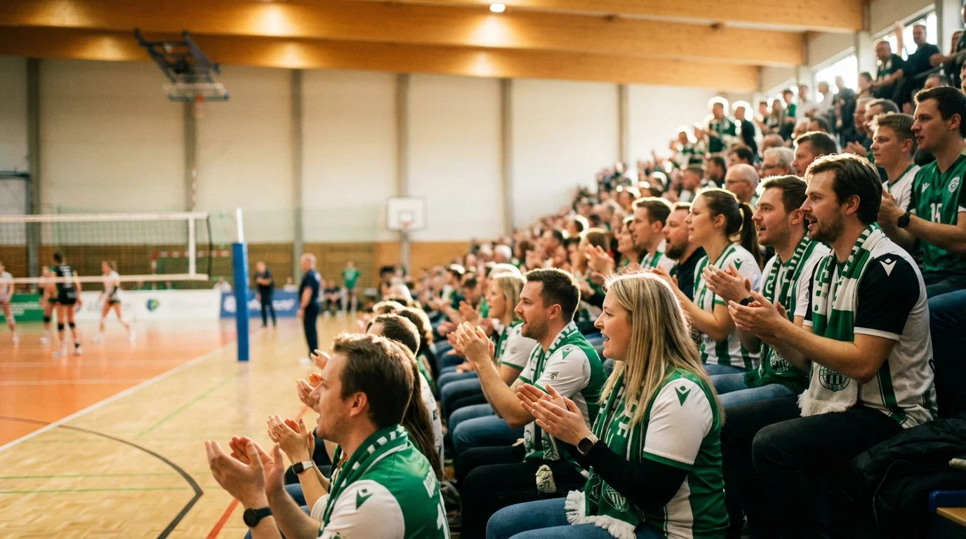Volleyball-Heimspiel mit begeisterten Fans in einer Sporthalle bei einem Bundesliga-Spiel