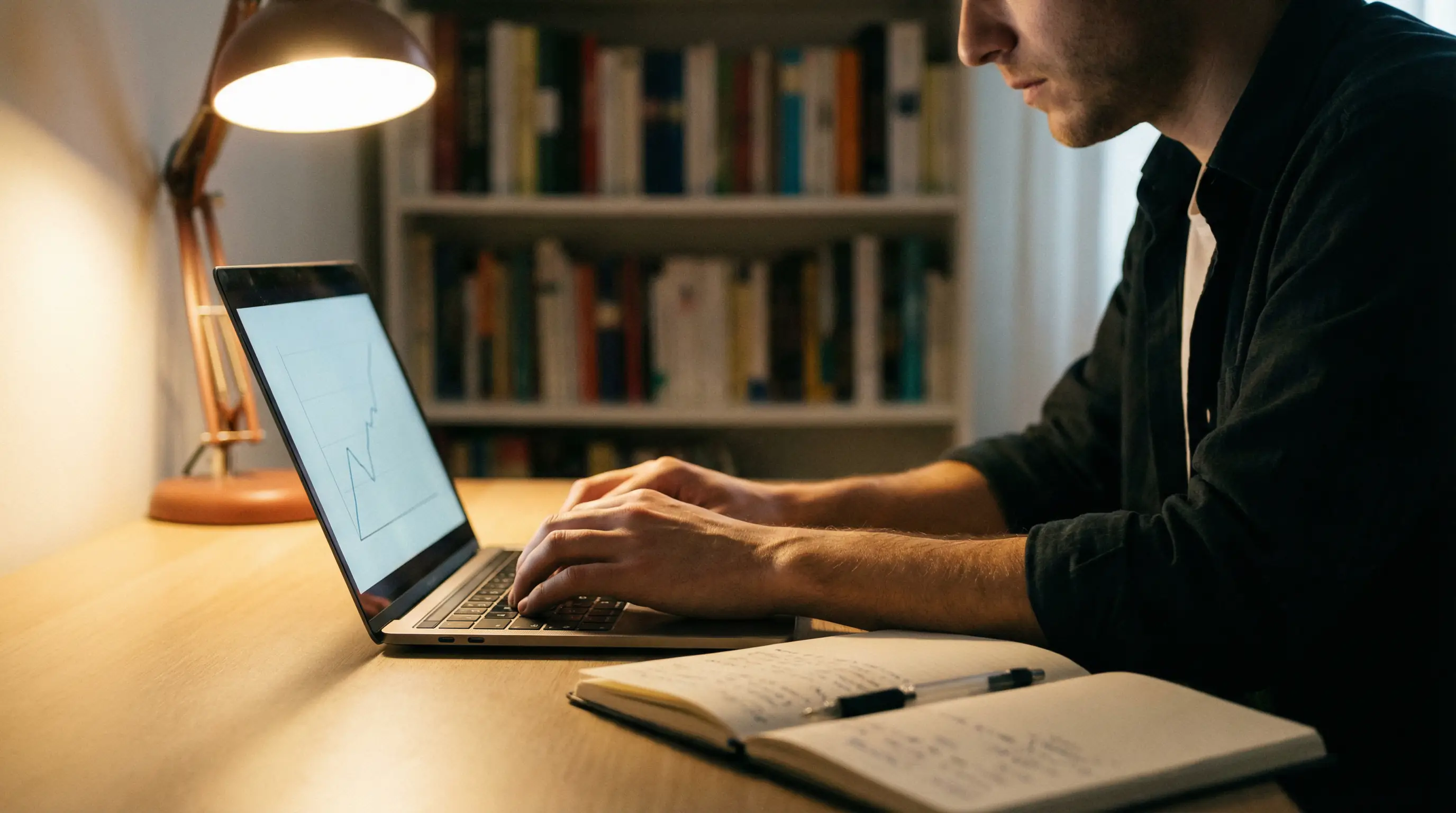 Analyst bewertet Volleyball-Statistiken und Quoten auf einem Laptop mit Notizblock und Stift