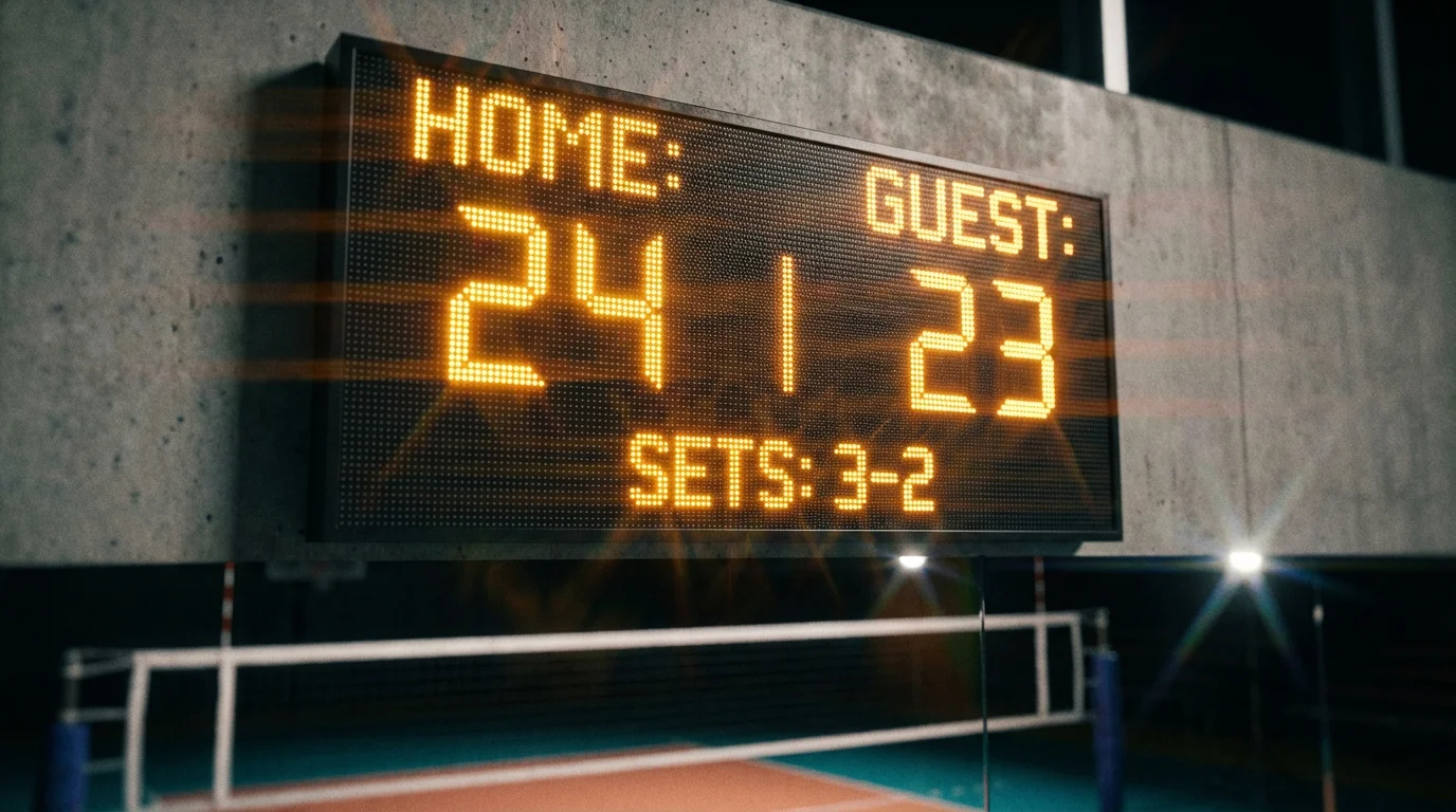 Nahaufnahme einer Volleyball-Anzeigetafel mit Punktestand in einer Sporthalle