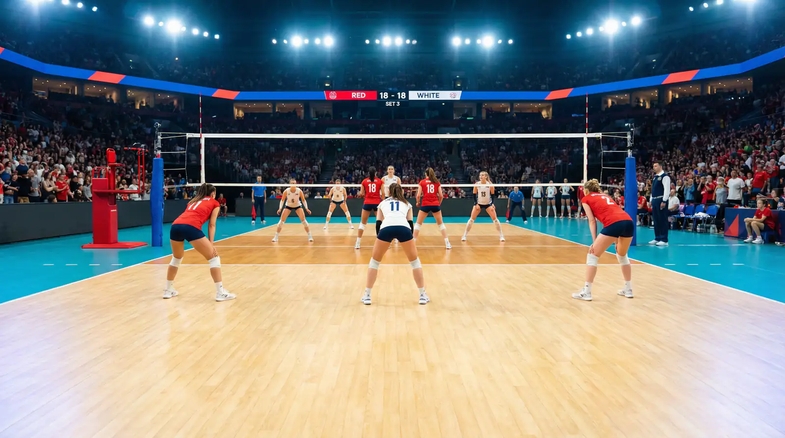 Zwei Volleyballteams am Netz in einer beleuchteten Sporthalle während eines Satzes