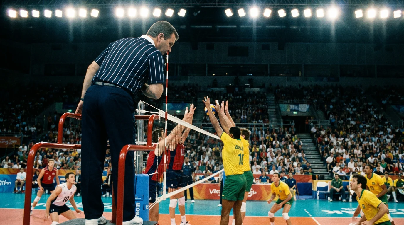 Volleyball-Schiedsrichter auf dem Hochstuhl neben dem Netz während eines offiziellen Spiels