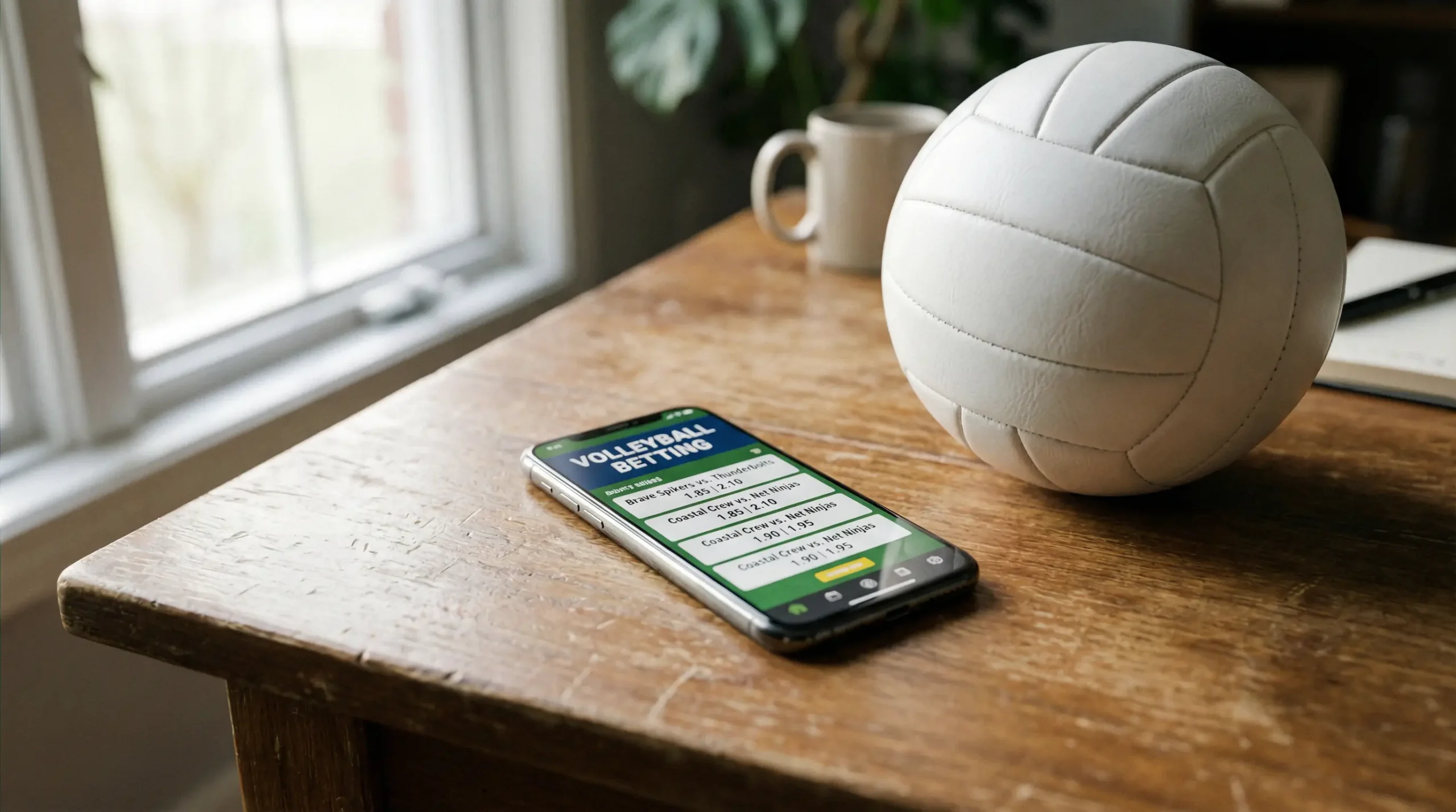Smartphone mit Volleyball-Wettangebot auf dem Bildschirm neben einem Volleyball