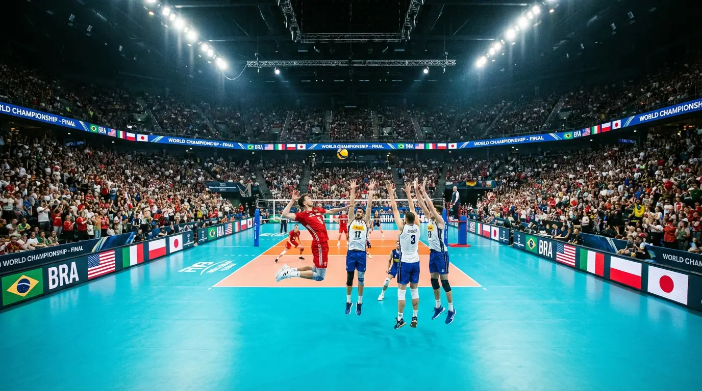 Volleyball-Weltmeisterschaft mit Nationalteams in einer vollen Arena mit Landesflaggen